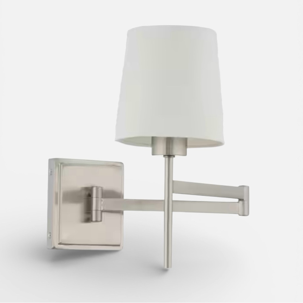 Hampton Bay Swing Arm Wall Sconce Lighting Brushed Nickel White Linen Shade
